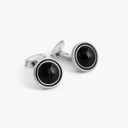 Gyrate Semi - Precious Cufflink in Onyx with Black Enamel