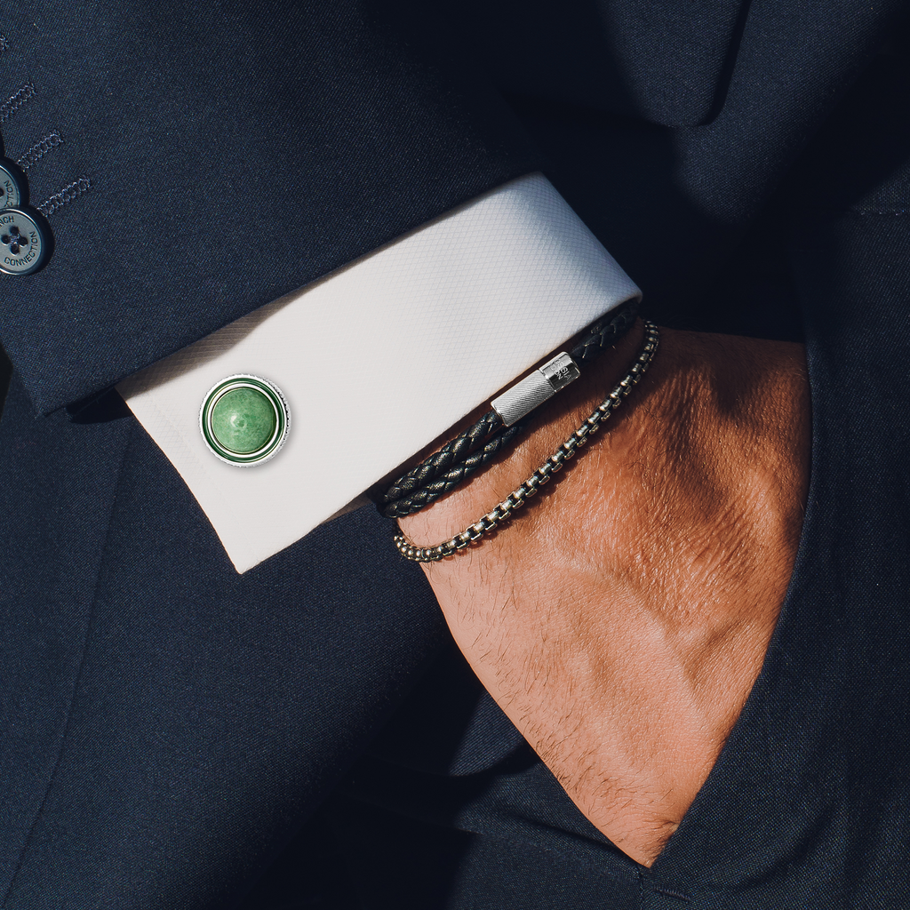 Gyrate Semi - Precious Cufflink in Green Aventurine with Green Enamel