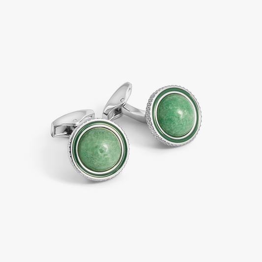 Gyrate Semi - Precious Cufflink in Green Aventurine with Green Enamel