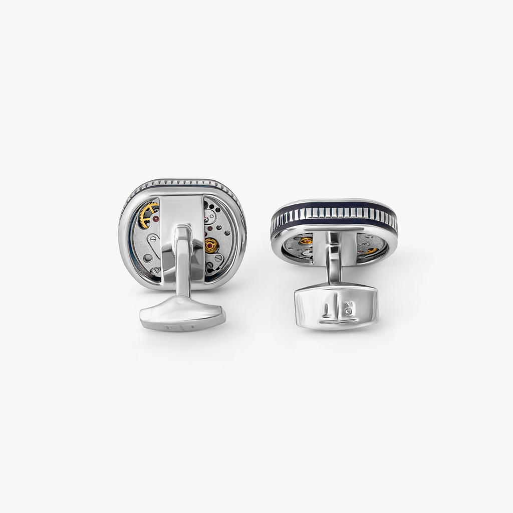 Filleted Skeleton Watch Movement Cufflinks with Navy Enamel