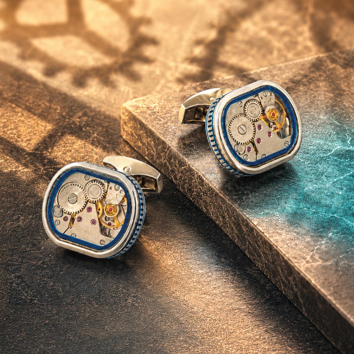 Filleted Skeleton Watch Movement Cufflinks with Navy Enamel