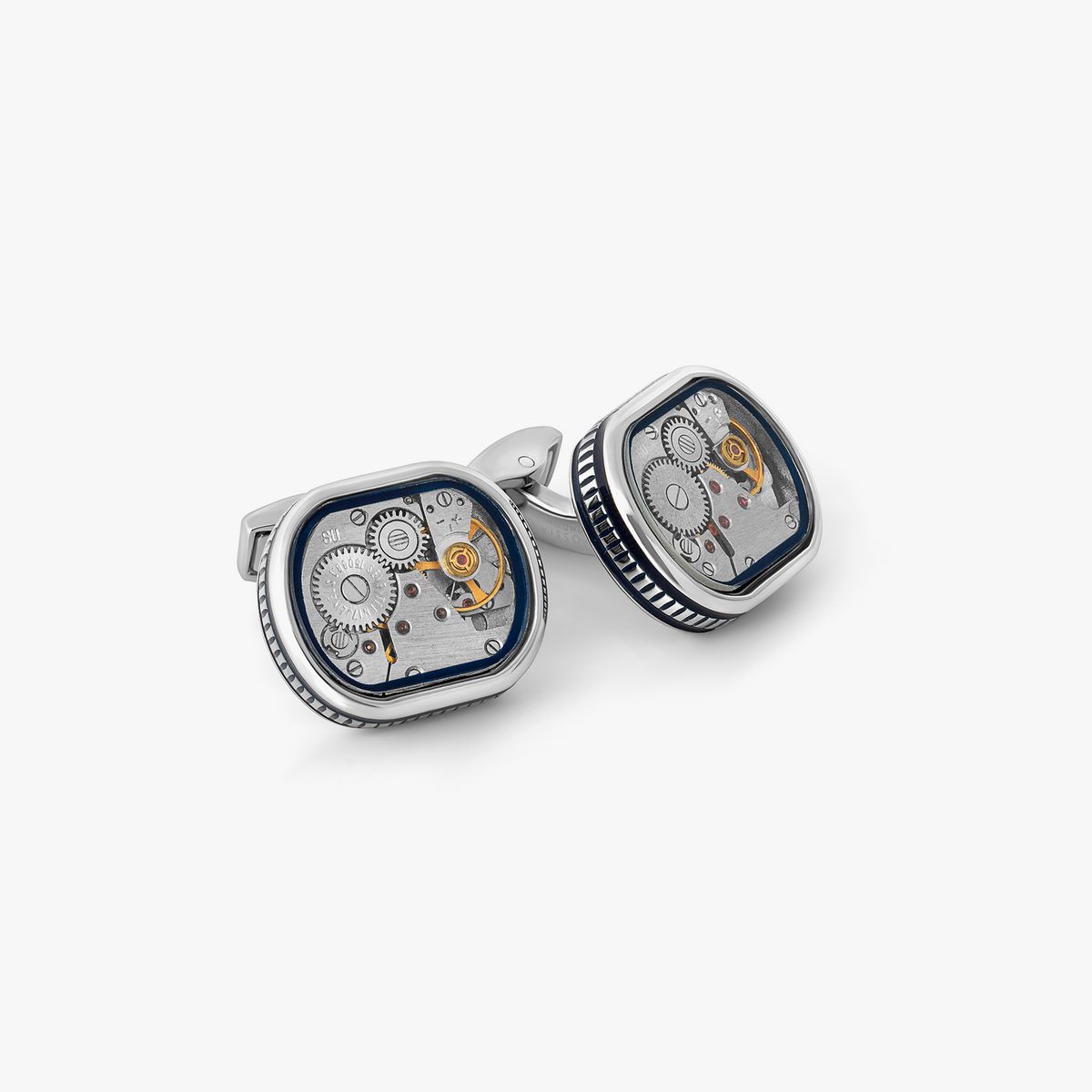 Filleted Skeleton Watch Movement Cufflinks with Navy Enamel