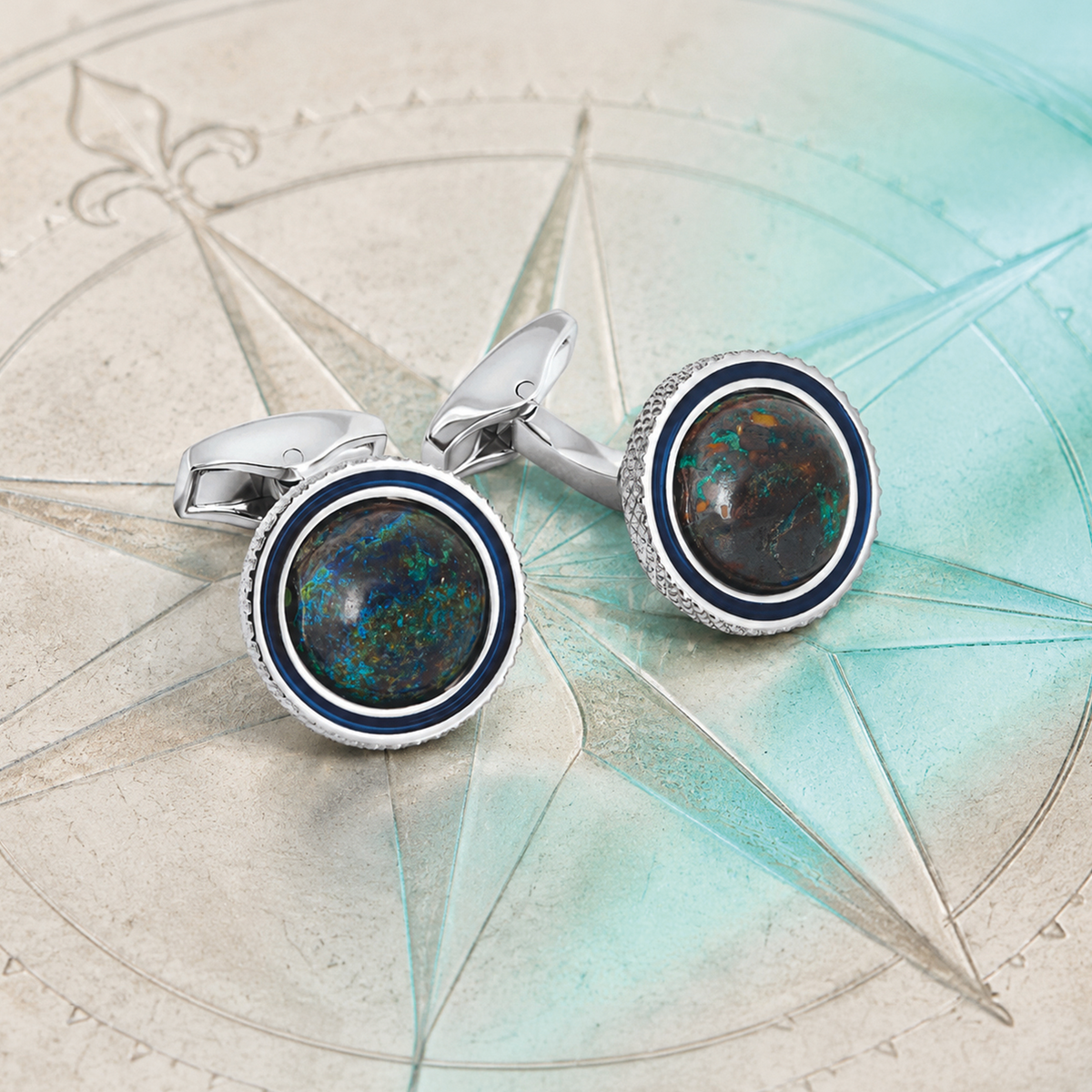 Gyrate Semi-Precious Azurite Globe Cage Cufflinks with Navy Enamel