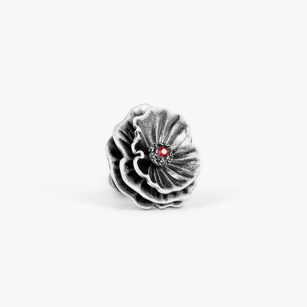 Poppy Flower Pin In Antique Plated Base Metal With Red Crystal