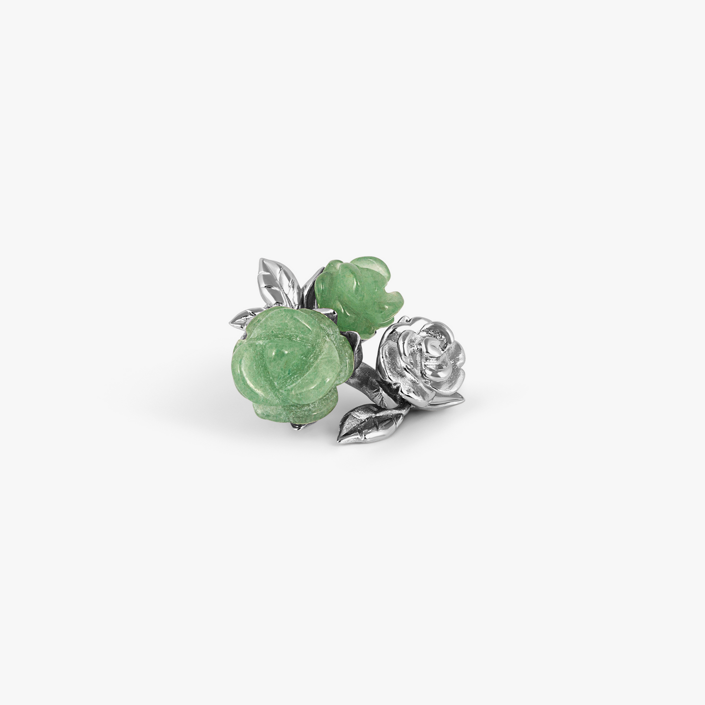 Three Roses Pin In Palladium Plated Base Metal With Green Aventurine