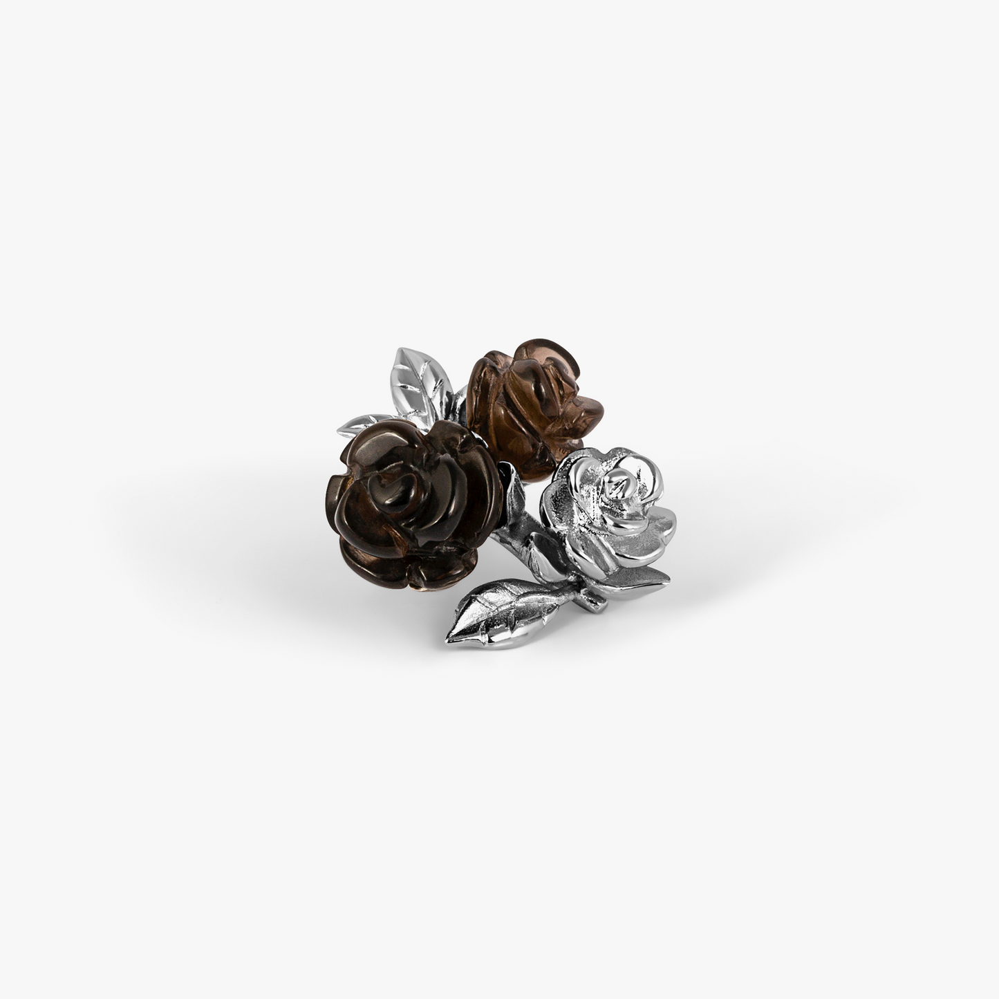 Three Roses Pin In Palladium Plated Base Metal With Smokey Quartz