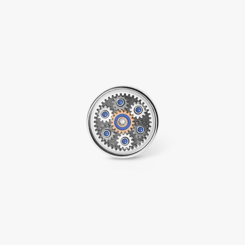 Septa Gear Pin In Rose Gold & Palladium, With Carbon Fibre
