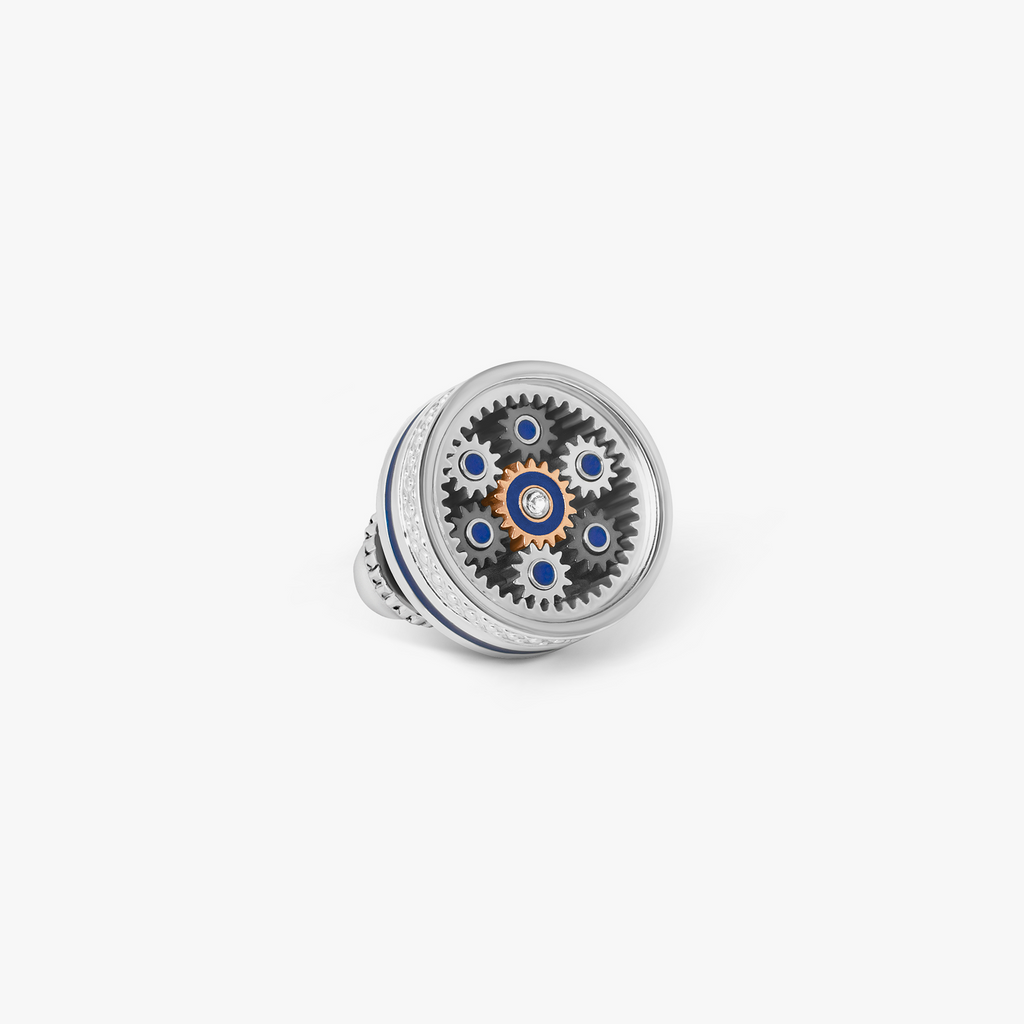Septa Gear Pin In Rose Gold & Palladium, With Carbon Fibre