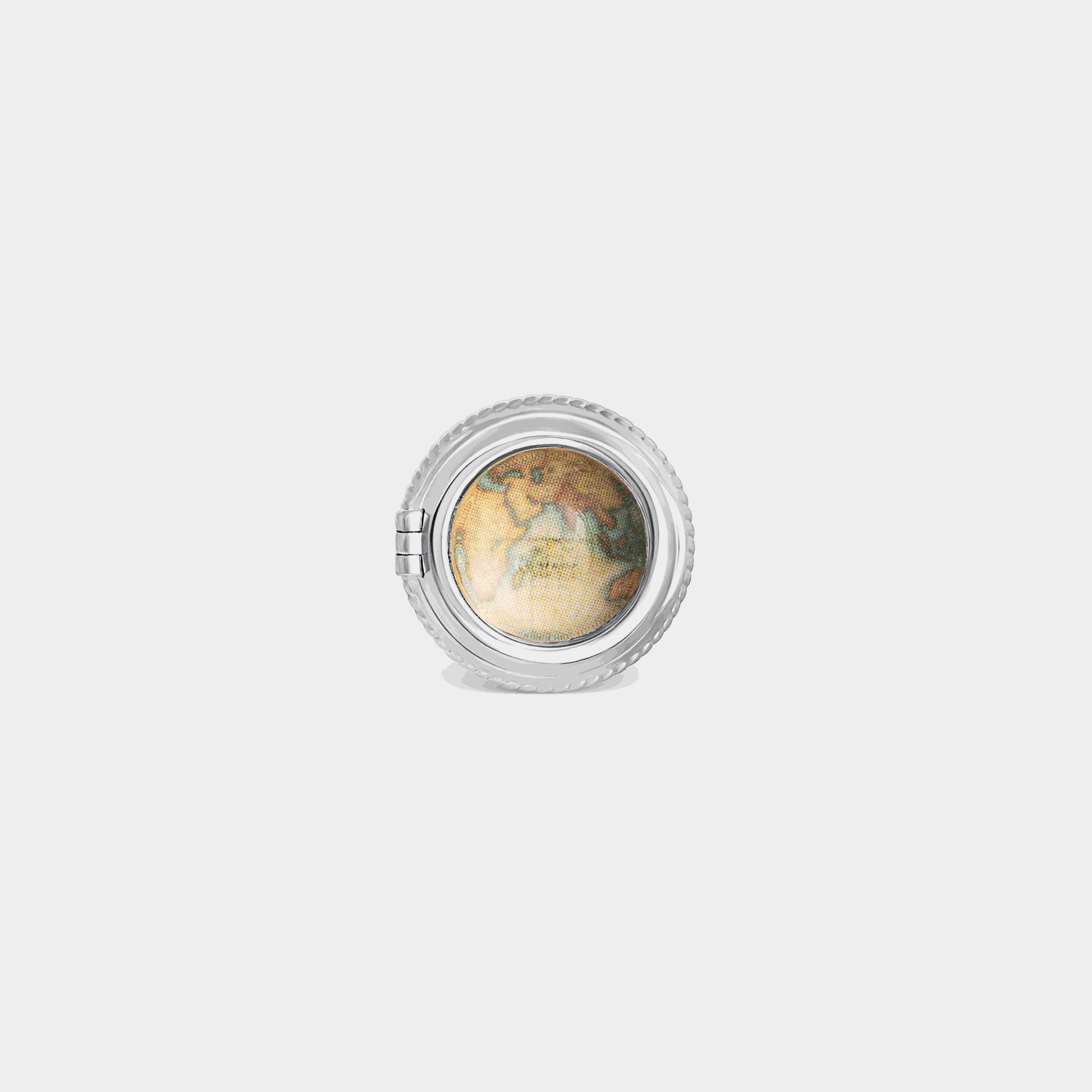 Porthole Picture Frame Brooch Pin in White Bronze with Vintage World Map