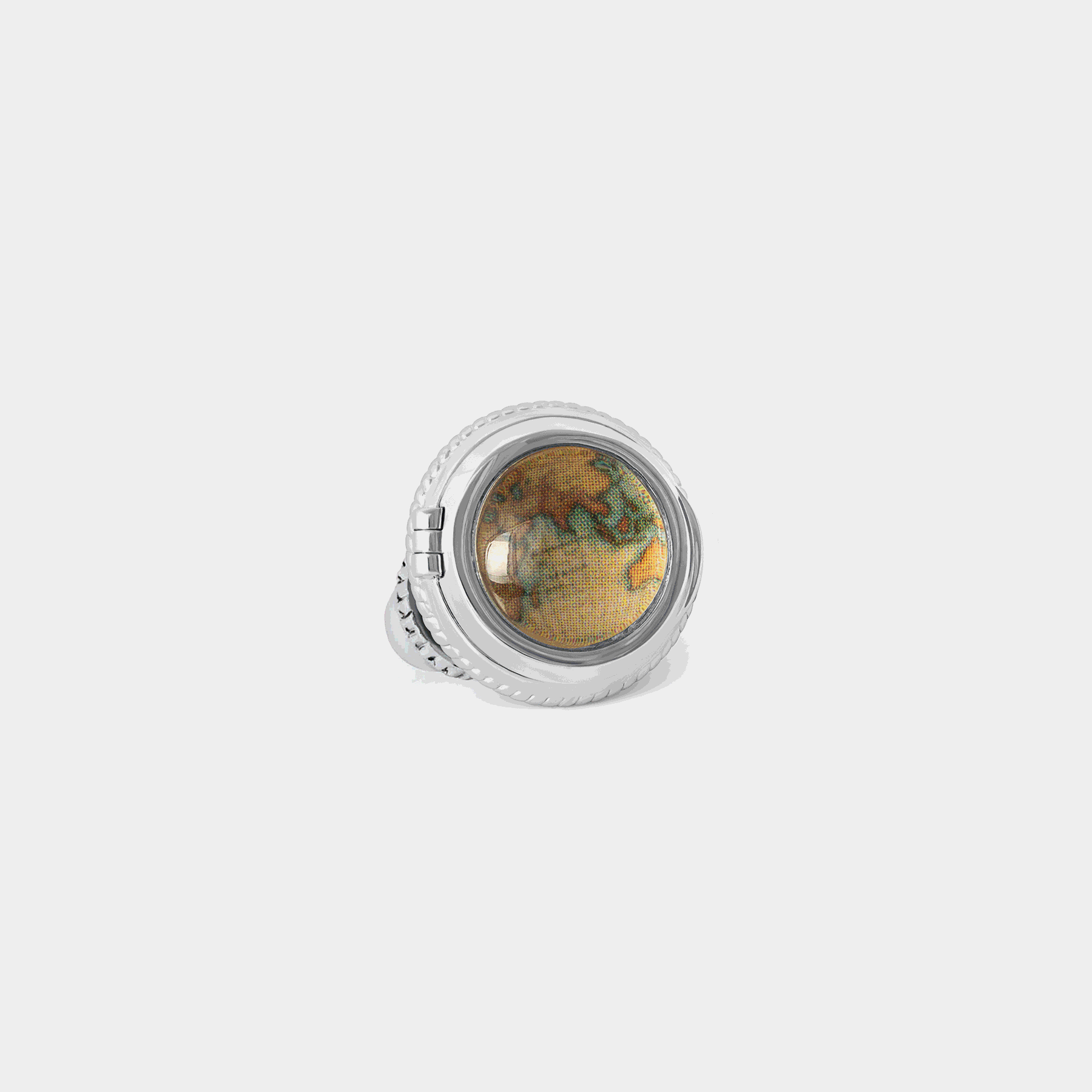 Porthole Picture Frame Brooch Pin in White Bronze with Vintage World Map