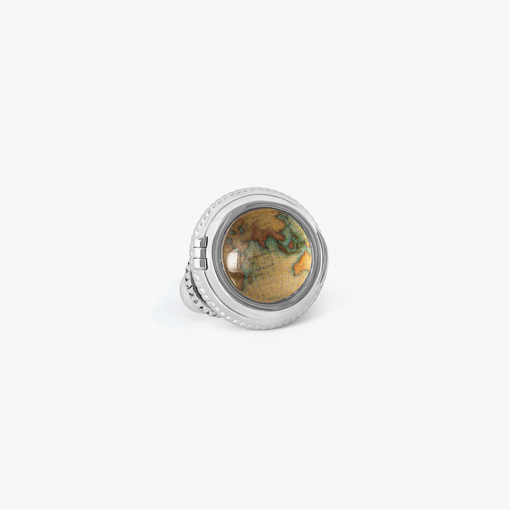 Porthole Picture Frame Brooch Pin in White Bronze with Vintage World Map