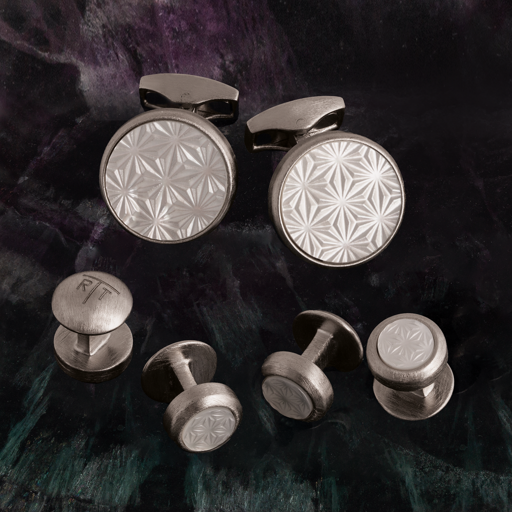 Asanoha semi-precious cufflinks and shirt studs set in white mother of pearl, featuring a geometric Japanese-inspired pattern with palladium plating by Tateossian.