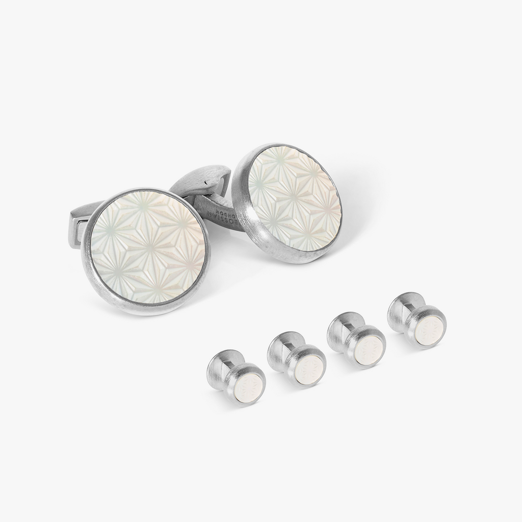 Asanoha semi-precious cufflinks and shirt studs set in white mother of pearl, featuring a geometric Japanese-inspired pattern with palladium plating by Tateossian.