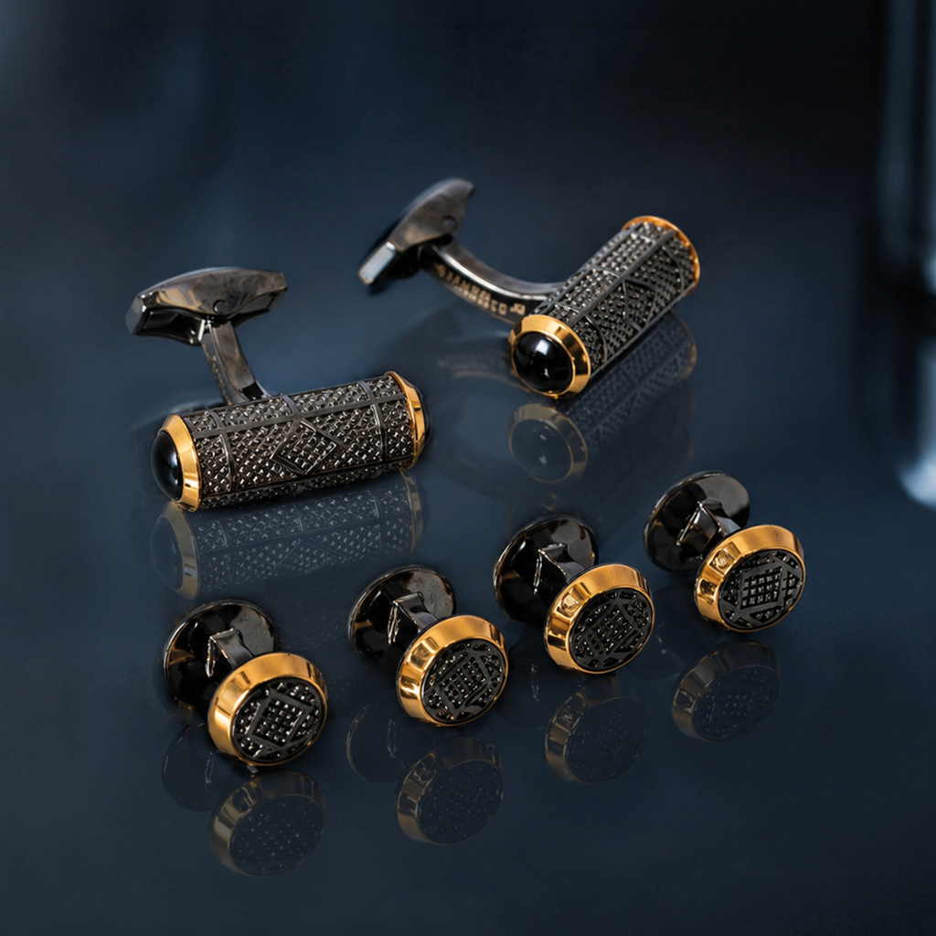 Signature Barrel Semi-Precious Cufflinks and Stud set with Onyx