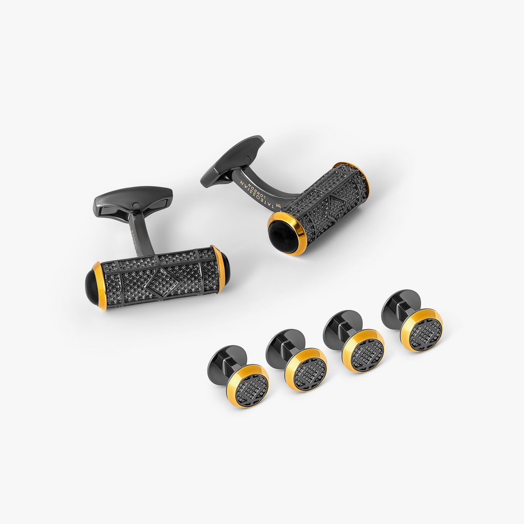 Signature Barrel Semi-Precious Cufflinks and Stud set with Onyx