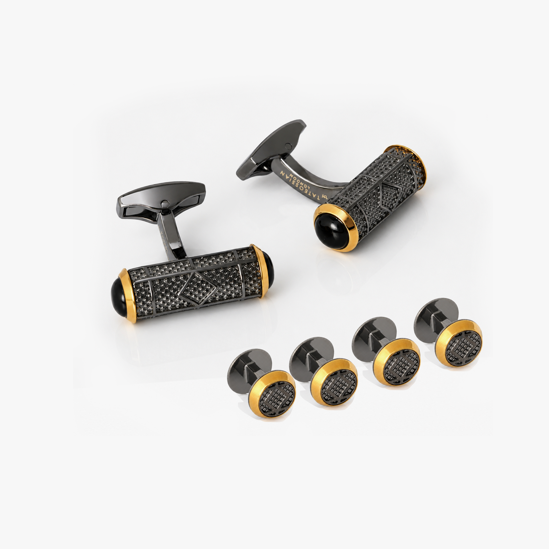 Signature Barrel Semi-Precious Cufflinks and Stud set with Onyx