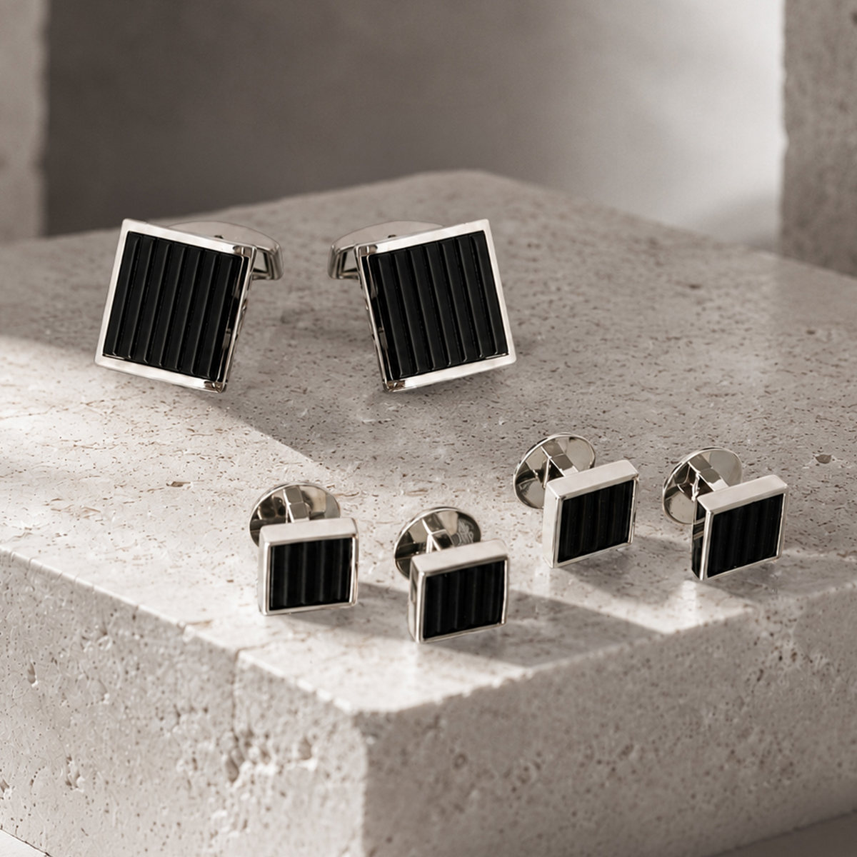 Ribbed Wedge Semi-Precious Stone Cufflink & Stud Set in Black Onyx
