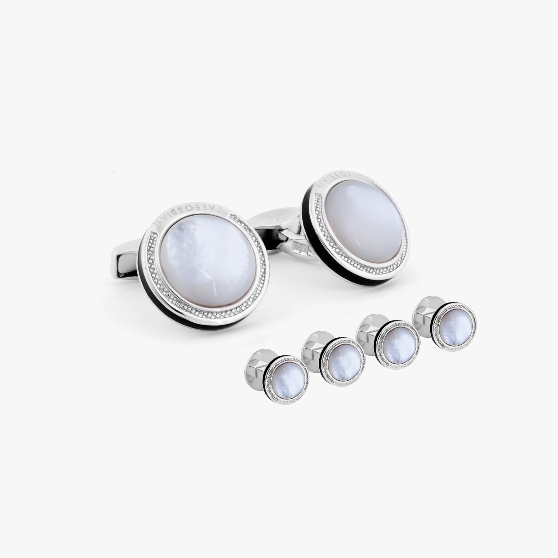 Signature Round Cufflinks Stud Set Rhodium Plated Silver MOP