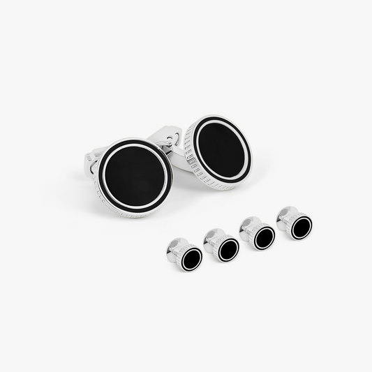 THOMPSON Tambor Cufflink Stud Set In White Bronze plated Base Metal With Onyx