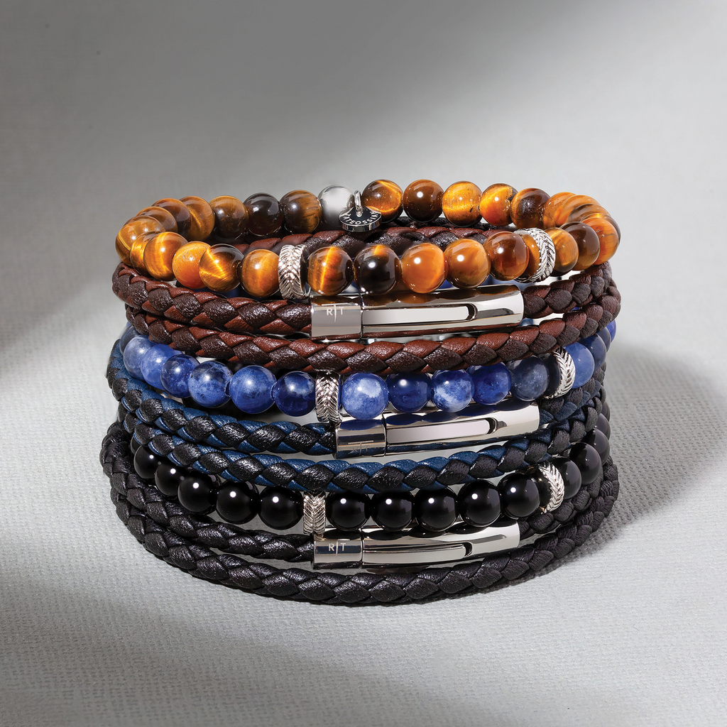 Stacked Multi-Layer Mixed Bracelet In Sodalite and Navy leather