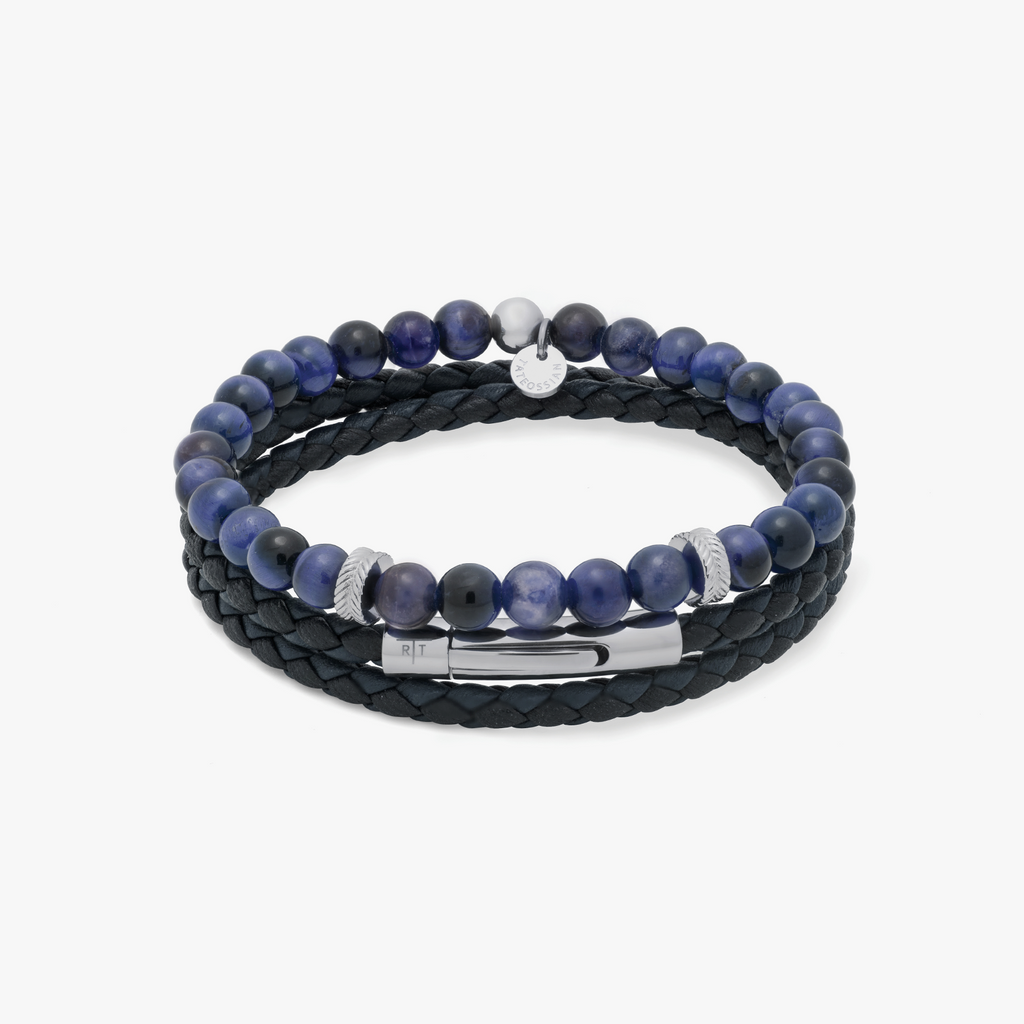 Stacked Multi-Layer Mixed Bracelet In Sodalite and Navy leather