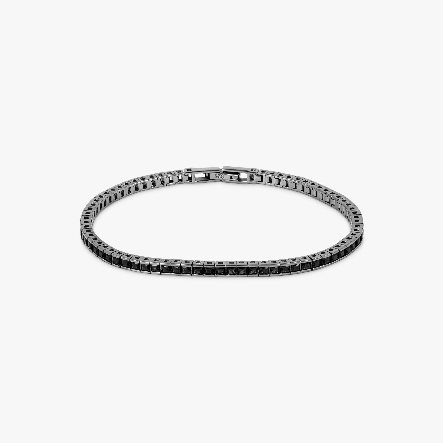 Quadro Tennis bracelet in black rhodium-plated sterling silver with black nano stones and blue stone-set clasp detail.