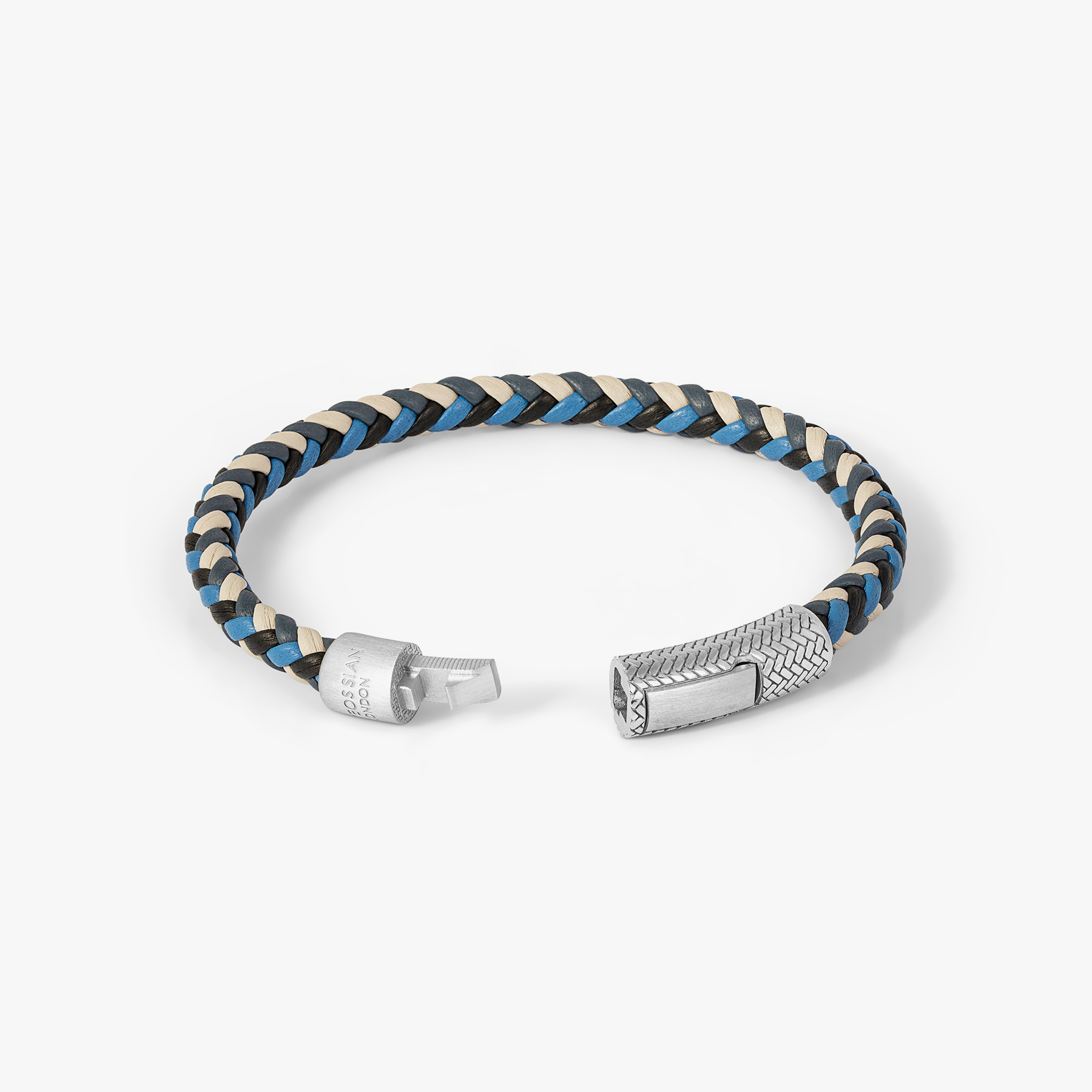 Herringbone Click Multi Pelle Bracelet In Rhodium Plated Sterling Silver With Blue Leather