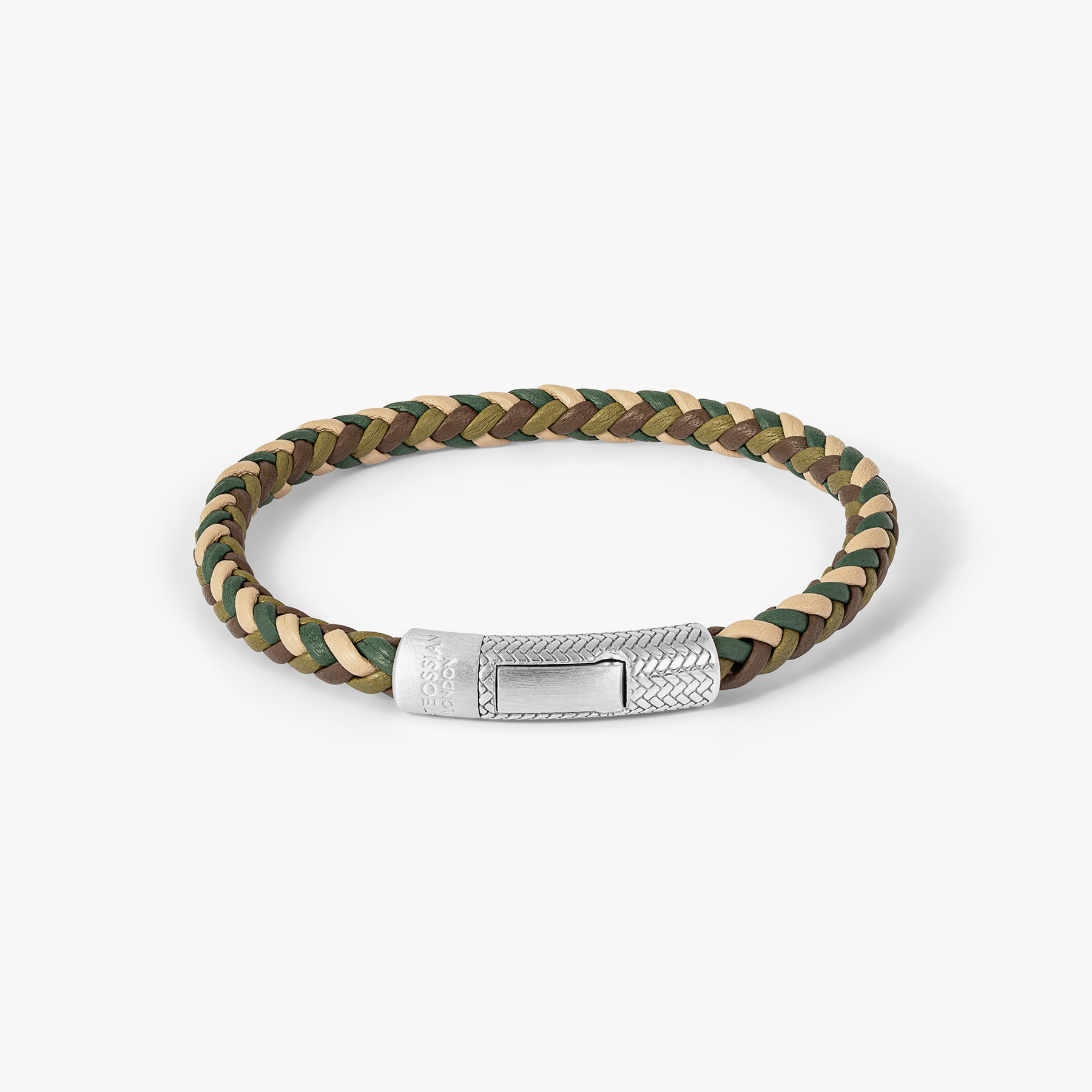 Rhodium plated sterling silver bracelet with a herringbone pattern, featuring a khaki leather strap and a secure click clasp.