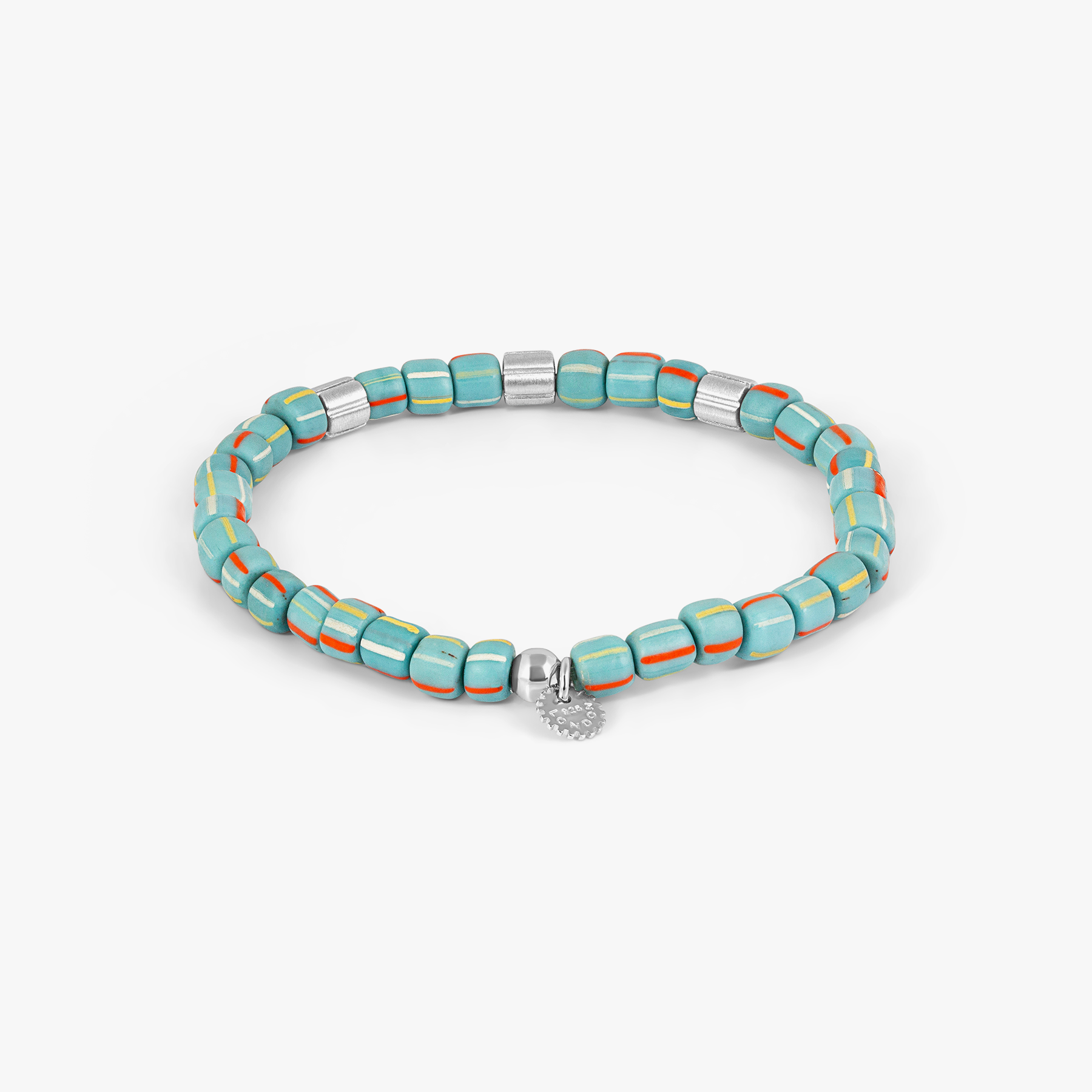 Java Stripes bracelet in rhodium-plated sterling silver with sky blue striped Java glass beads and patterned silver accents.