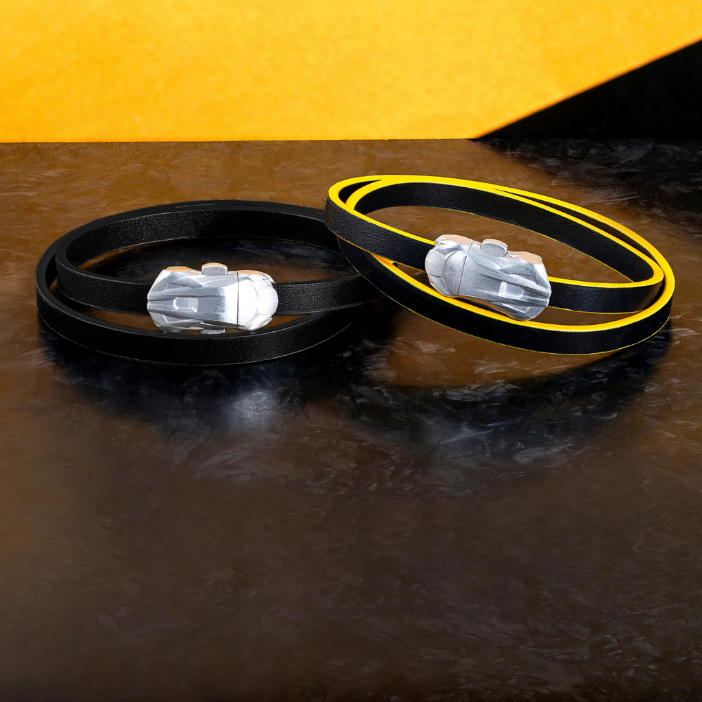 Automobili Lamborghini Double Wrap Leather Bracelet In Black with Rhodium Plated Silver with car clasp design.
