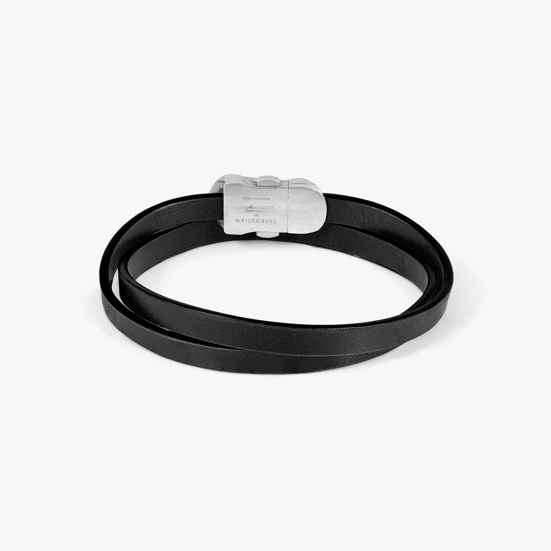 Automobili Lamborghini Double Wrap Leather Bracelet In Black with Rhodium Plated Silver with car clasp and Italian leather wrap.