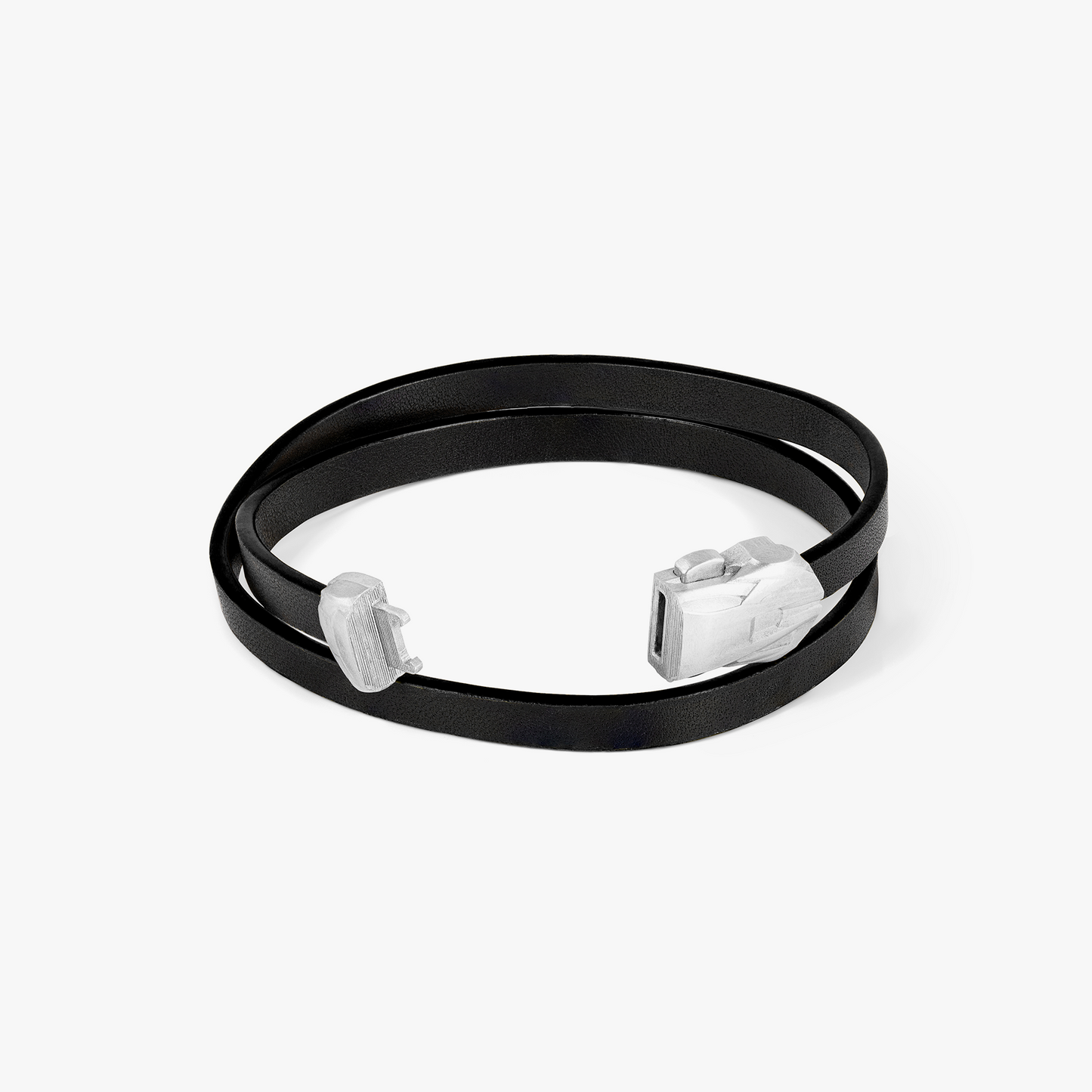 Automobili Lamborghini Double Wrap Leather Bracelet In Black with Rhodium Plated Silver