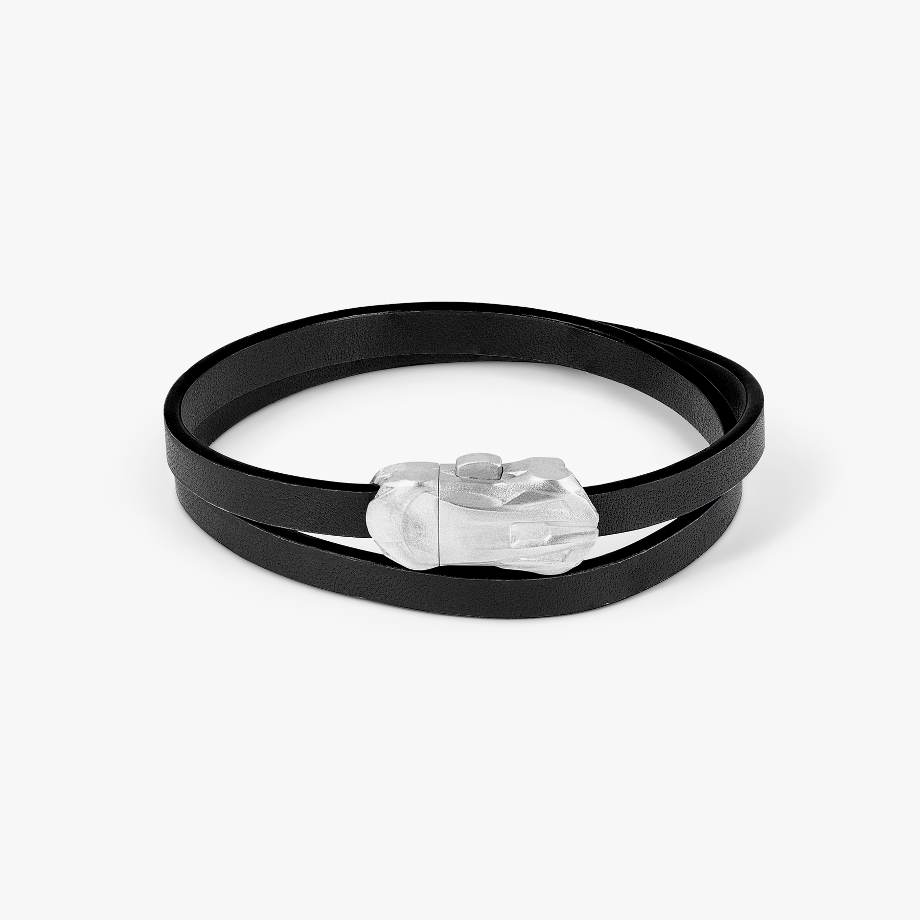 Automobili Lamborghini Double Wrap Leather Bracelet In Black with Rhodium Plated Silver featuring a 3D car clasp.