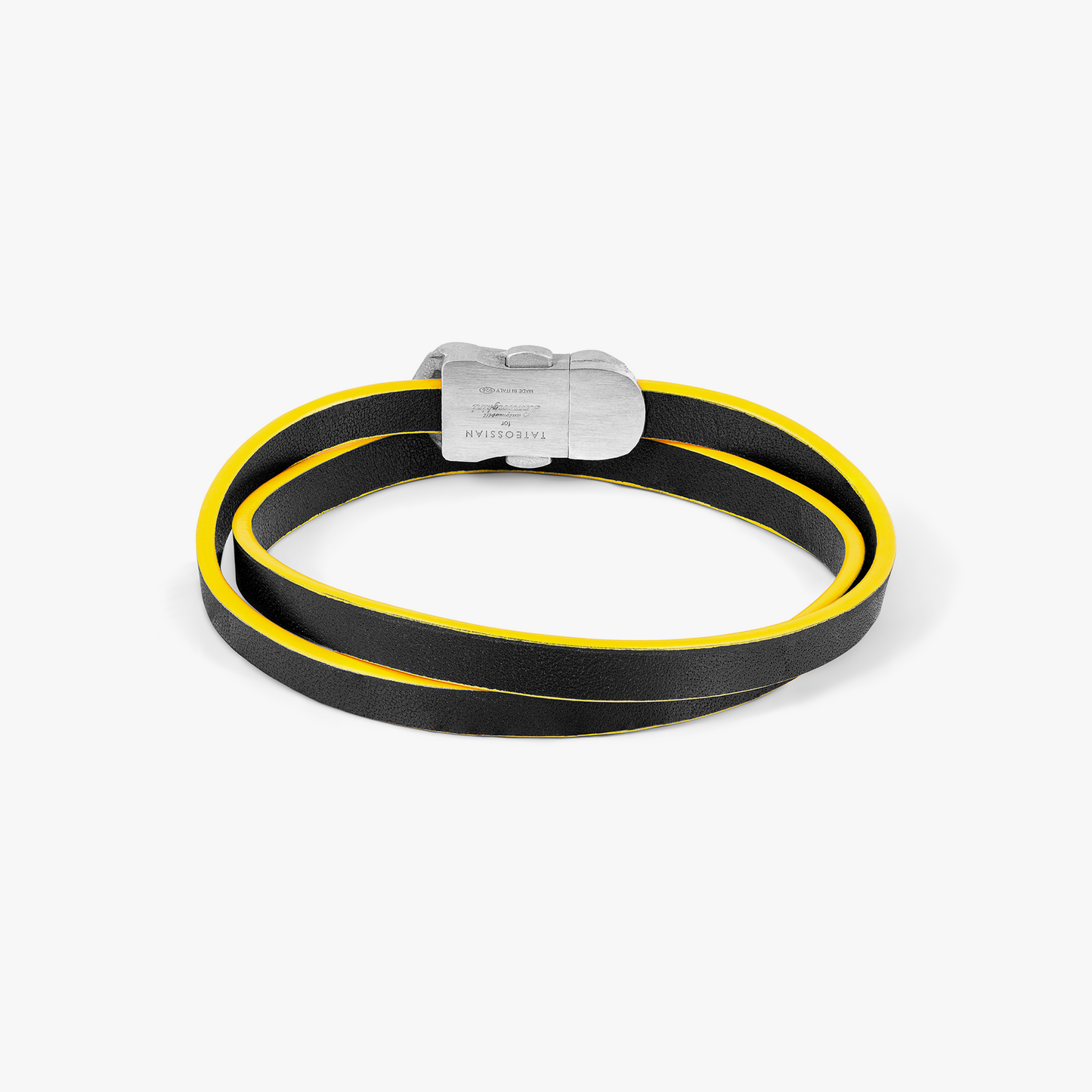 Automobili Lamborghini Double Wrap Leather Bracelet In Black & Yellow with Rhodium Plated Silver