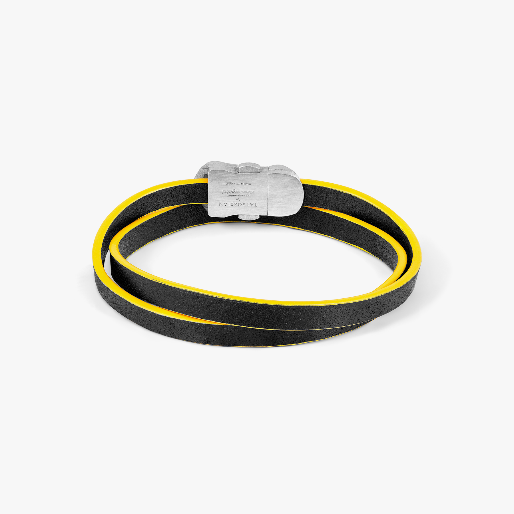 Automobili Lamborghini Double Wrap Leather Bracelet in Black and Yellow with Rhodium Plated Silver clasp, Italian design.
