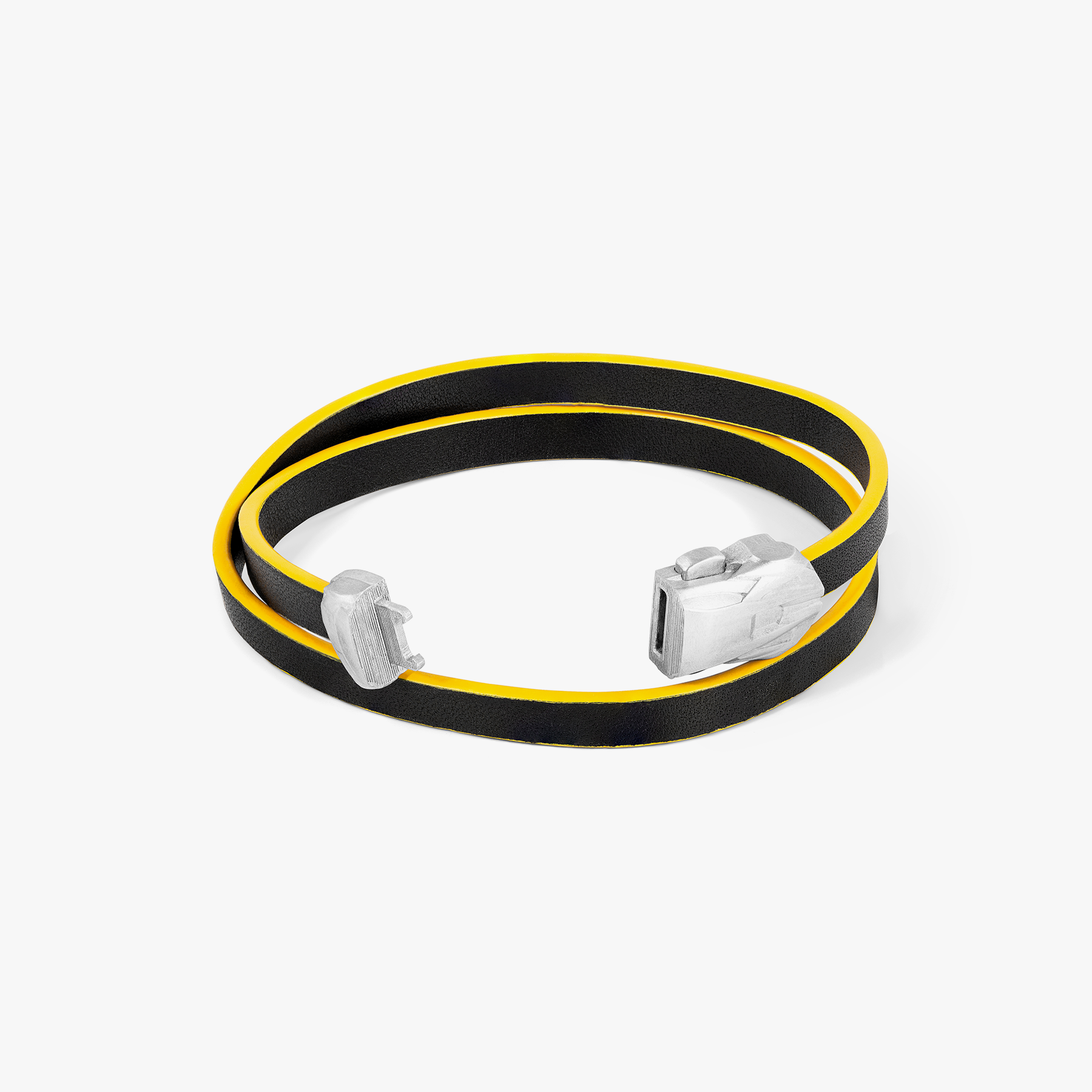 Automobili Lamborghini Double Wrap Leather Bracelet Black Yellow with Rhodium Plated Silver clasp in sports car design