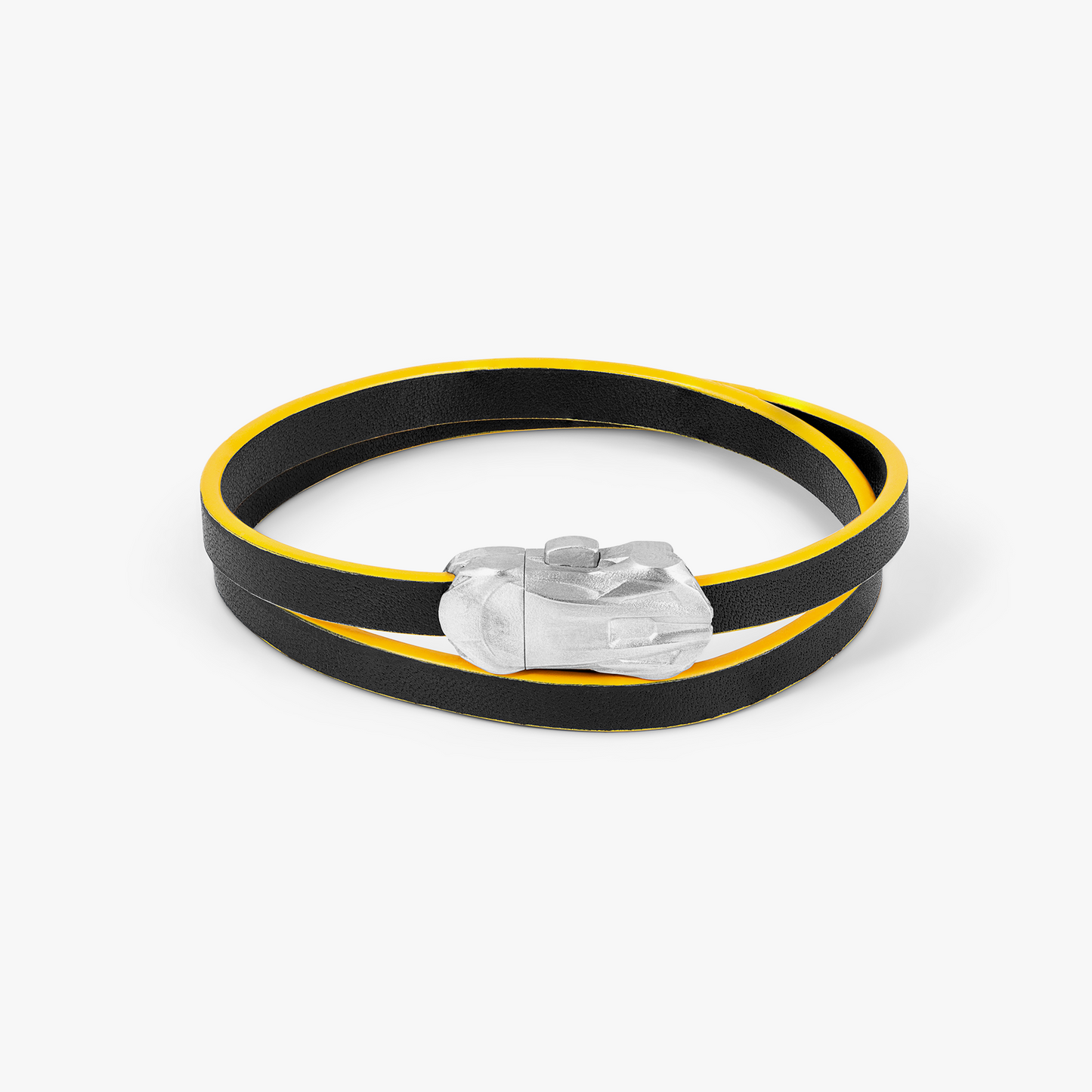 Automobili Lamborghini Double Wrap Leather Bracelet In Black & Yellow with Rhodium Plated Silver