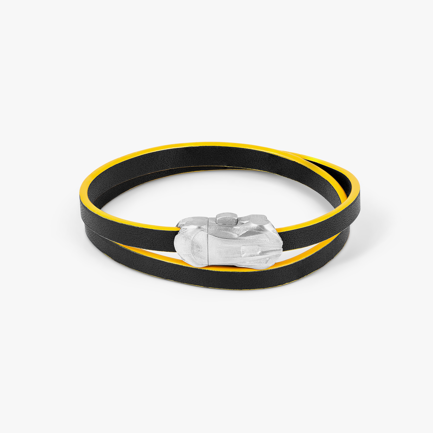 Automobili Lamborghini Double Wrap Leather Bracelet In Black & Yellow with Rhodium Plated Silver featuring car-shaped clasp.