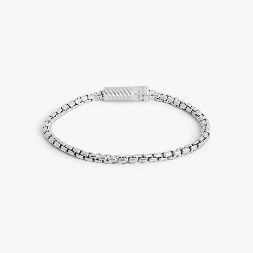 Pop Box 4mm sterling silver bracelet with box chain design and Tateossian pop clasp, rhodium-plated finish.