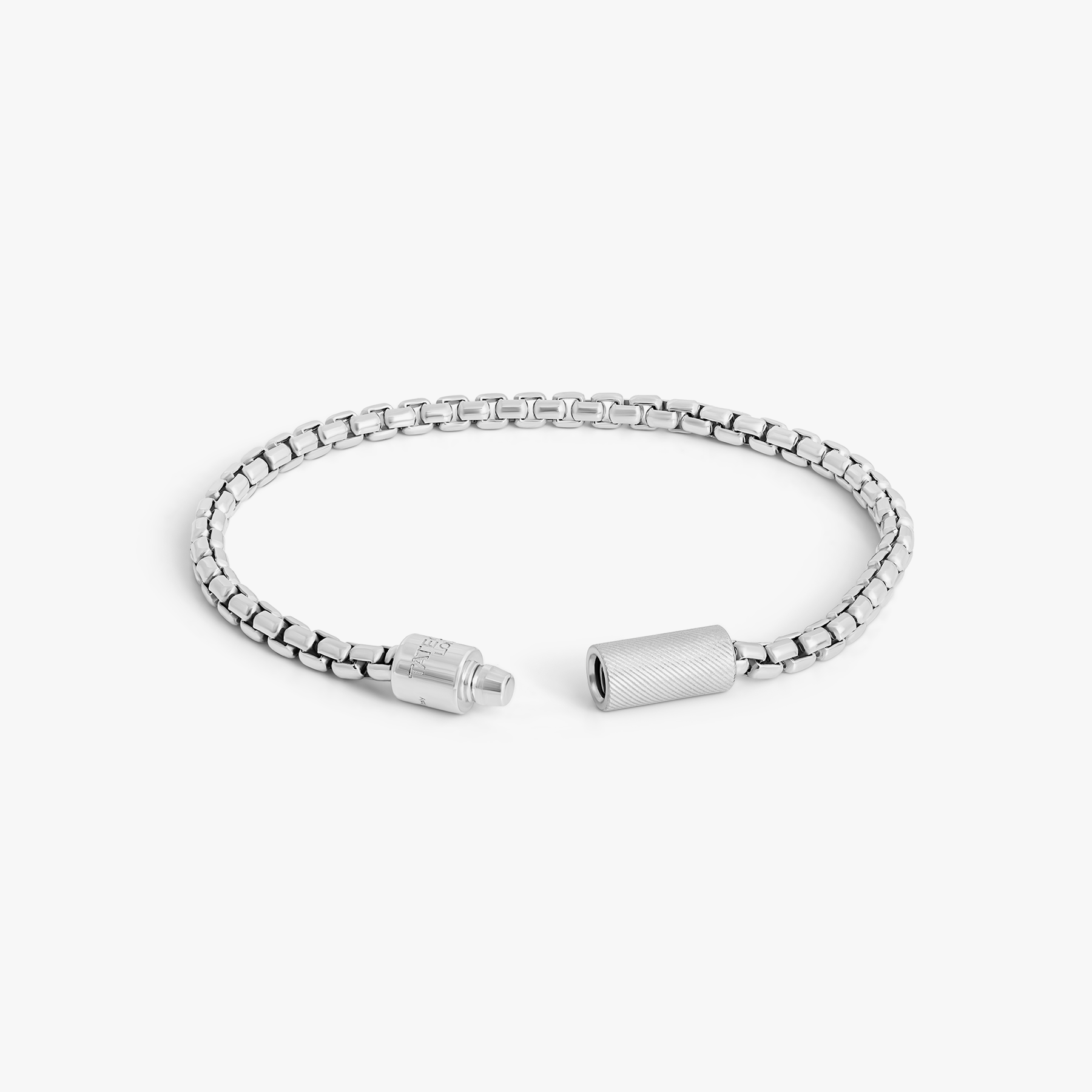 Pop Box 4mm sterling silver bracelet with box chain design and Tateossian pop clasp, rhodium-plated finish.