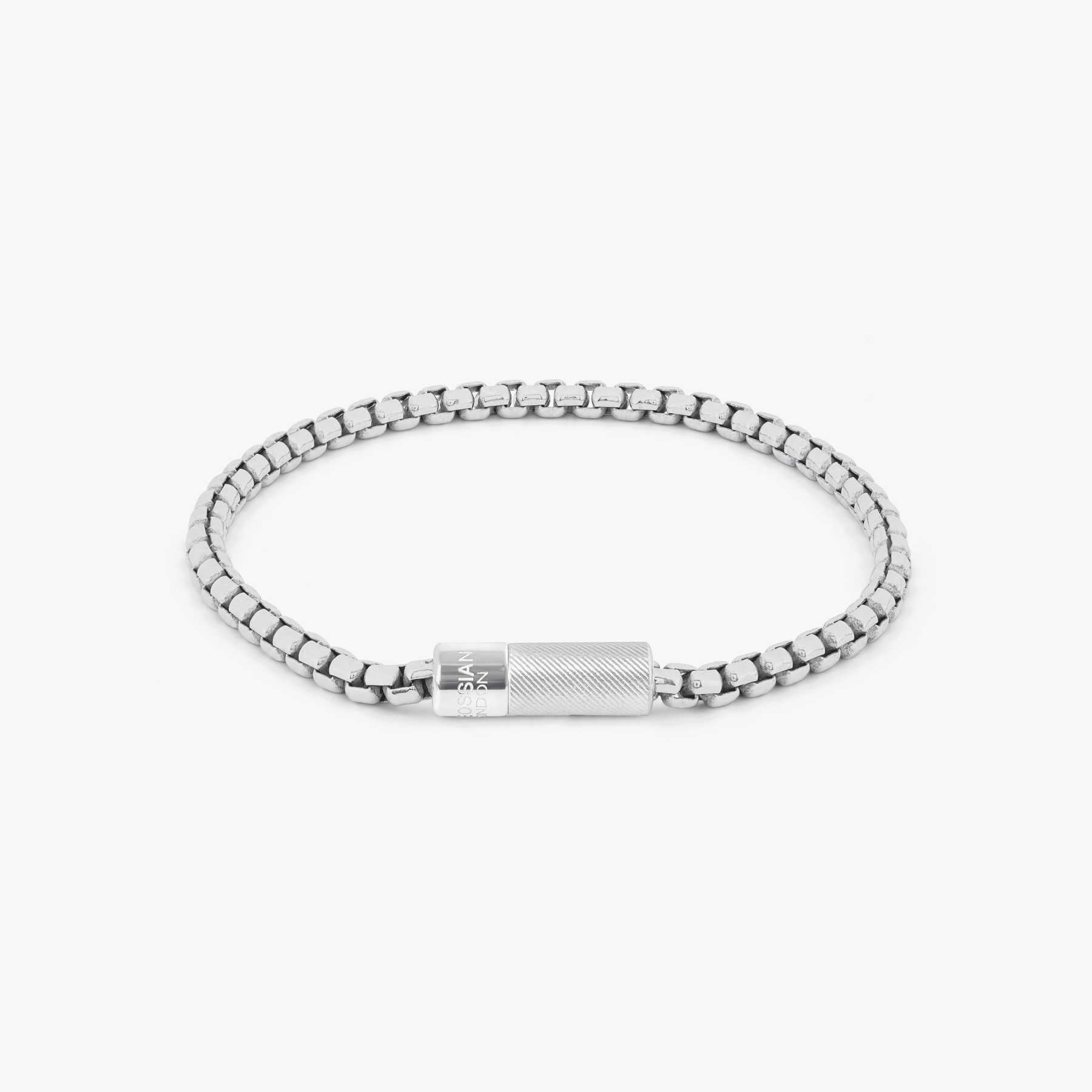 Pop Box 4mm sterling silver bracelet with box chain design and Tateossian pop clasp, rhodium-plated finish.