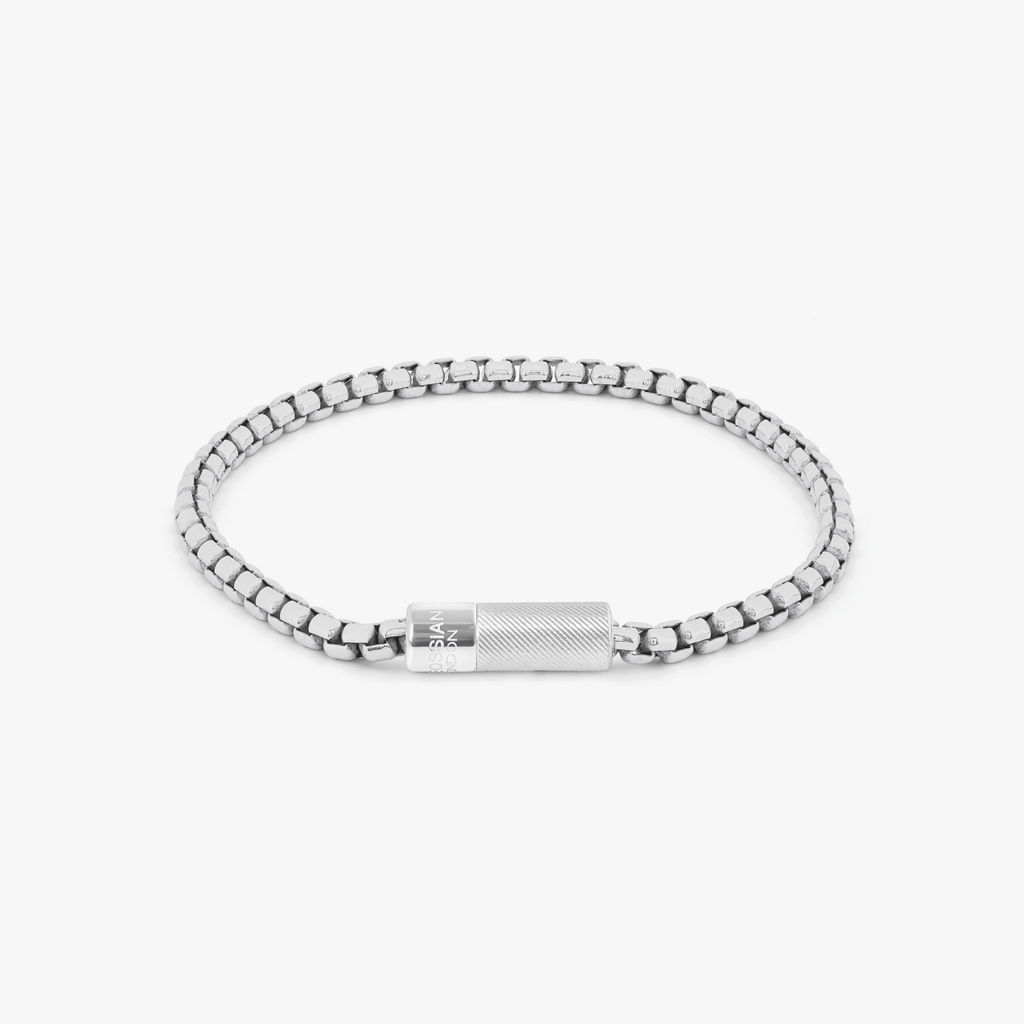 Pop Box 4mm sterling silver bracelet with box chain design and Tateossian pop clasp, rhodium-plated finish.