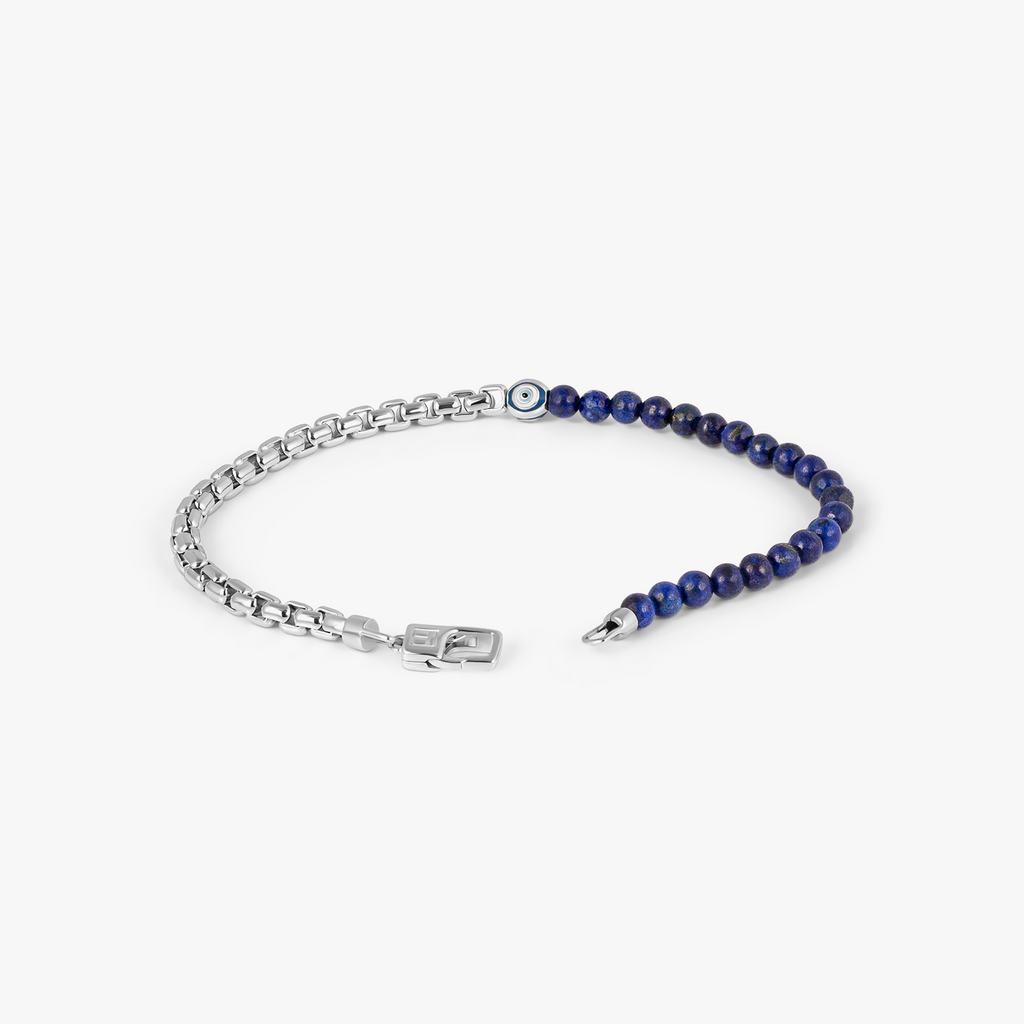 Sennit Box Evil Eye Bracelet In Rhodium Plated Sterling Silver With Lapis