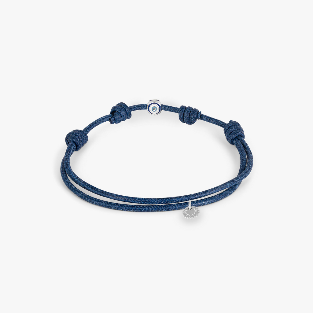 Protective Wax Cord Evil Eye Bracelet In Rhodium Plated Sterling Silver With Blue Enamel