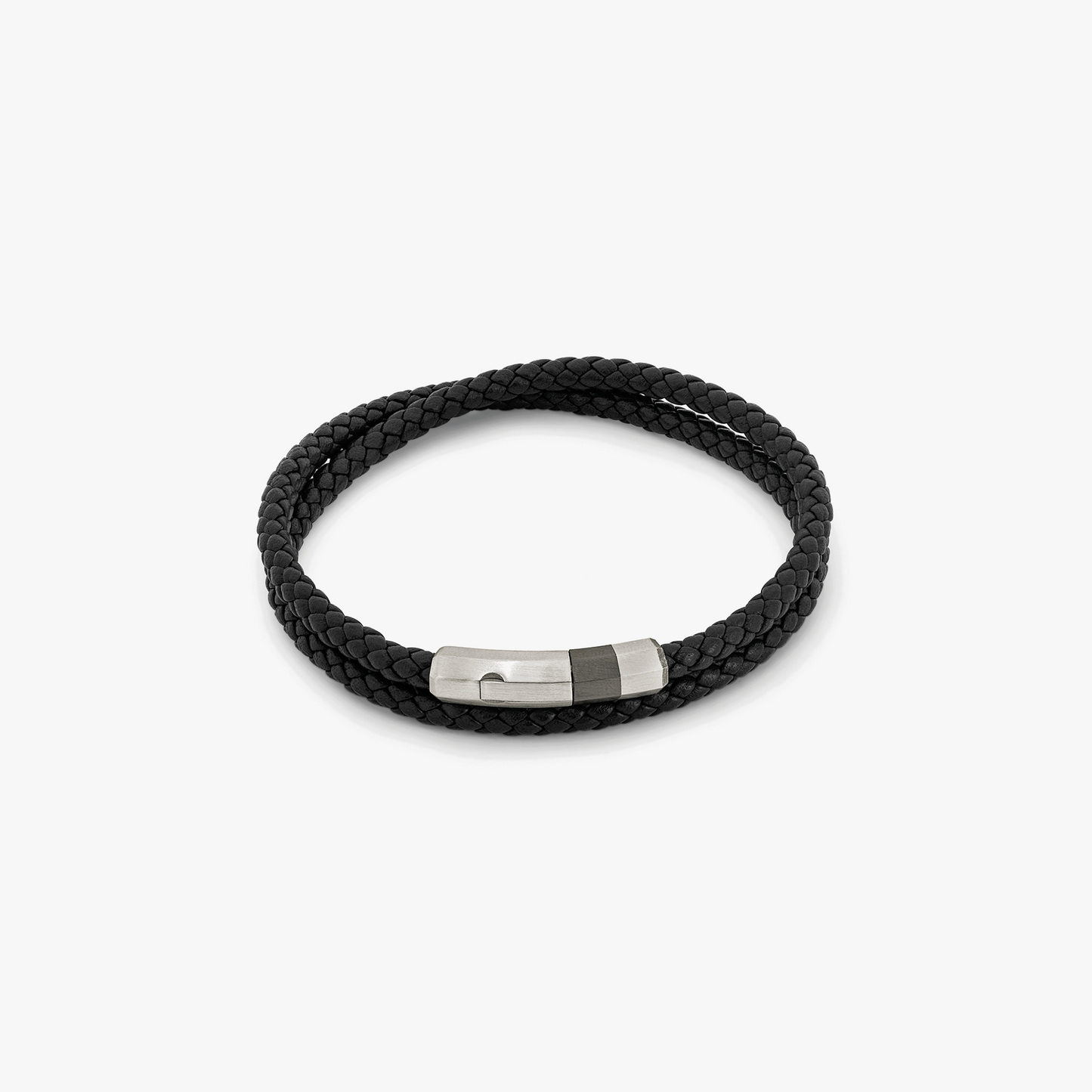 Octagon Click Pelle Bracelet In Ruthenium Plated Sterling Silver With Black Leather