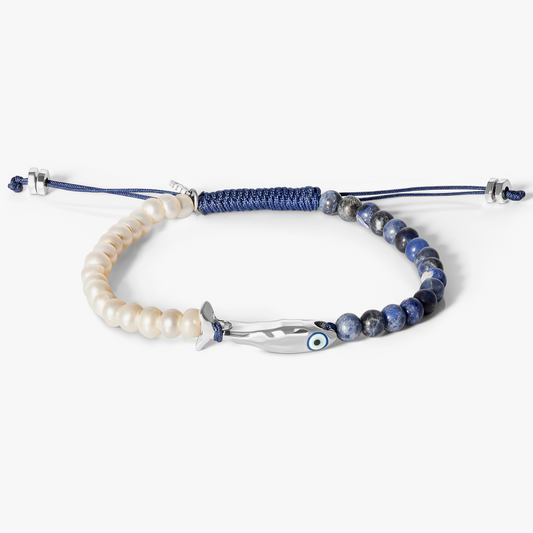 Feng Shui Fish Macrame Bracelet with Fresh Water Pearl & Sodalite