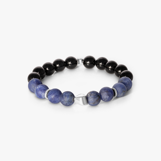 Maxi Nugget Beaded Bracelet in Rhodium plated with Sodalite & Black Agate