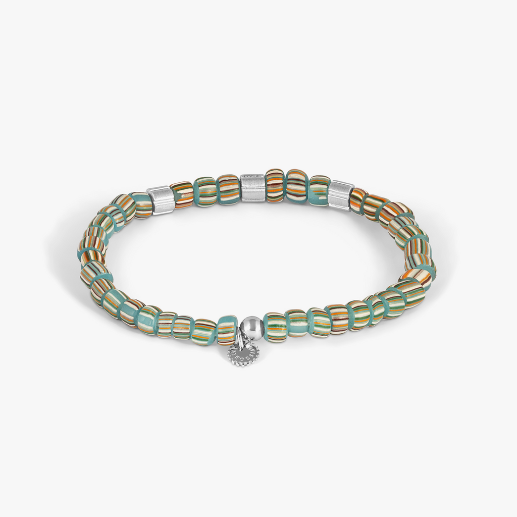 Mini Rigato Java beaded bracelet in light blue with striped recycled glass beads and rhodium-plated sterling silver accents (limited edition).