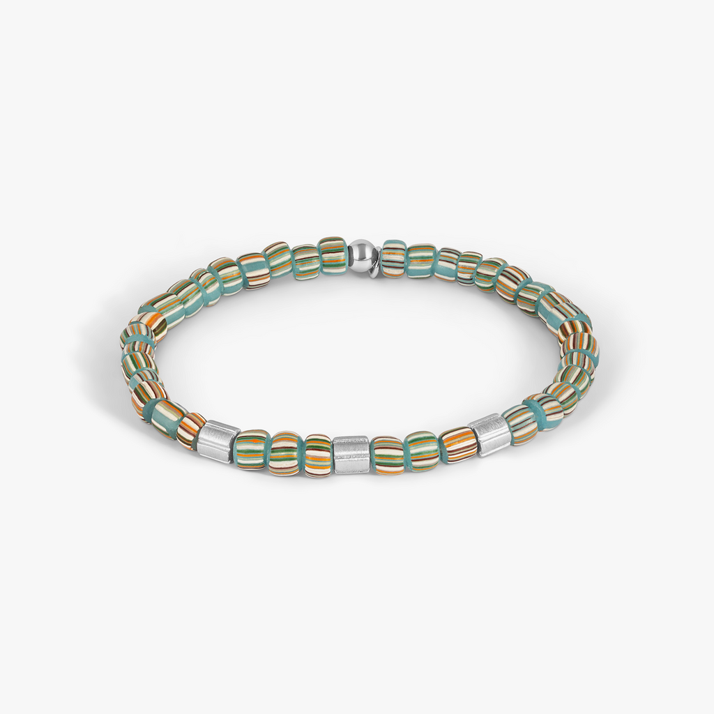 Mini Rigato Java beaded bracelet in light blue with striped recycled glass beads and rhodium-plated sterling silver accents (limited edition).