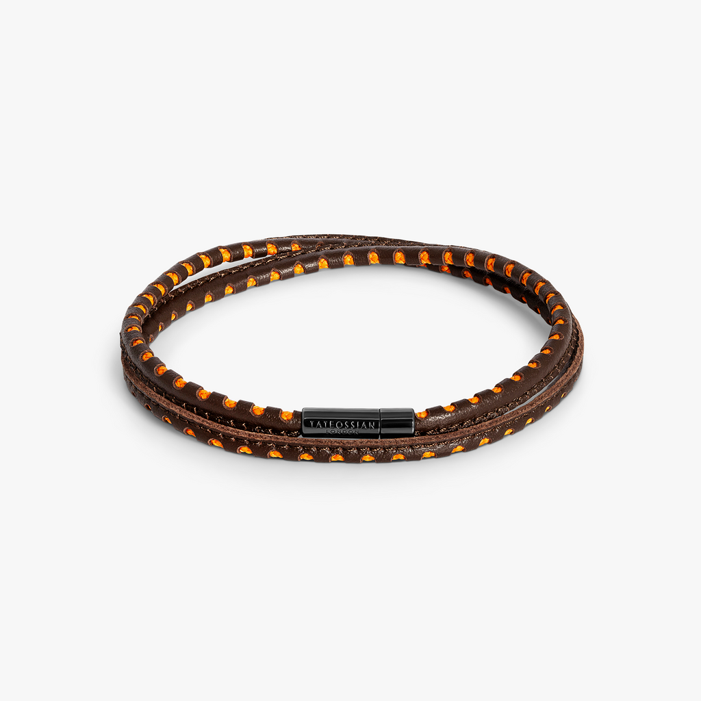 Mini Pop Perforated Pelle Brown Leather & Orange Eco Cord Double Wrap Bracelet